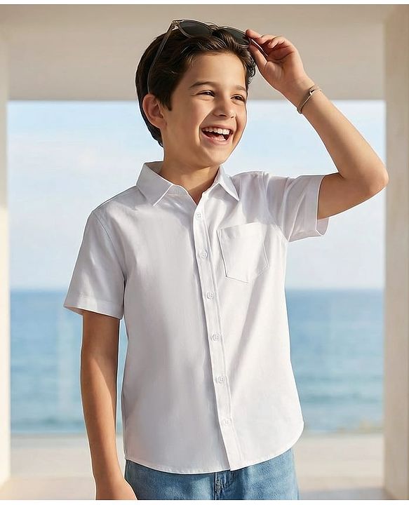 Pine Kids Cotton Woven Half Sleeves Solid Shirt - White