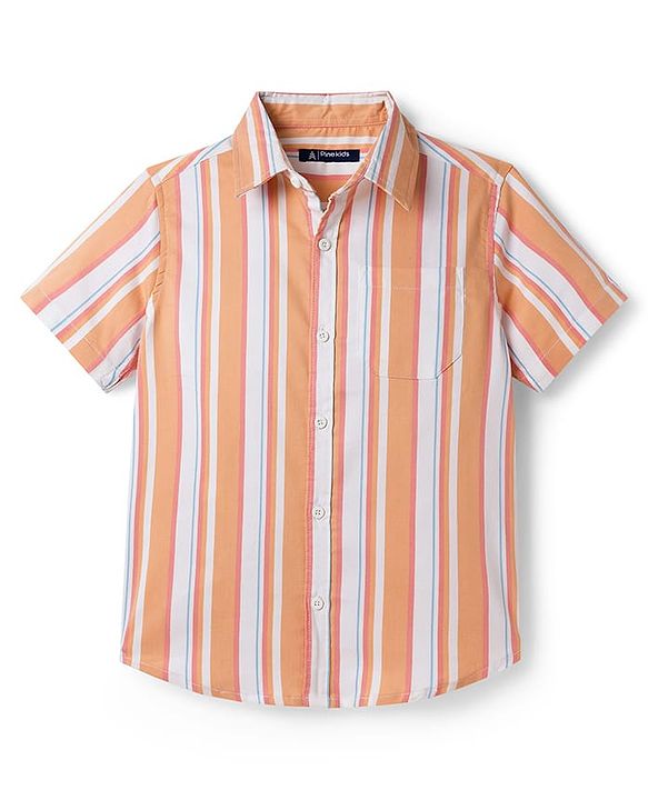 Pine Kids Cotton Woven Half Sleeves Shirt With Stripes - Orange
