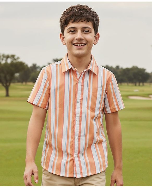 Pine Kids Cotton Woven Half Sleeves Shirt With Stripes - Orange