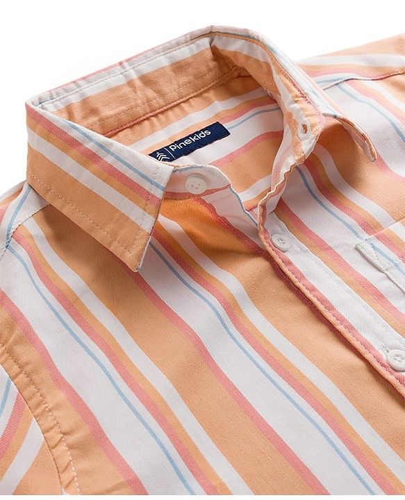 Pine Kids Cotton Woven Half Sleeves Shirt With Stripes - Orange