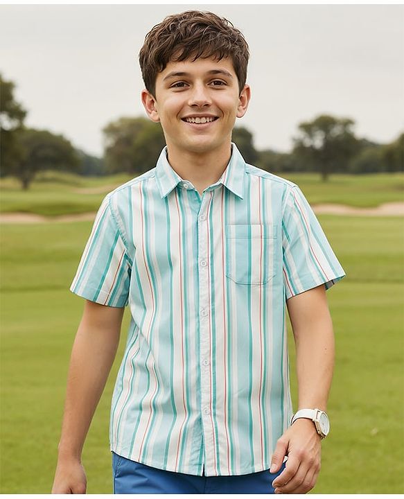 Pine Kids Cotton Woven Half Sleeves Shirt With Stripes - Light Blue