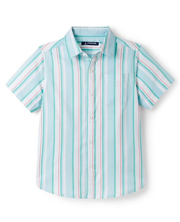 Pine Kids Cotton Woven Half Sleeves Shirt With Stripes - Light Blue