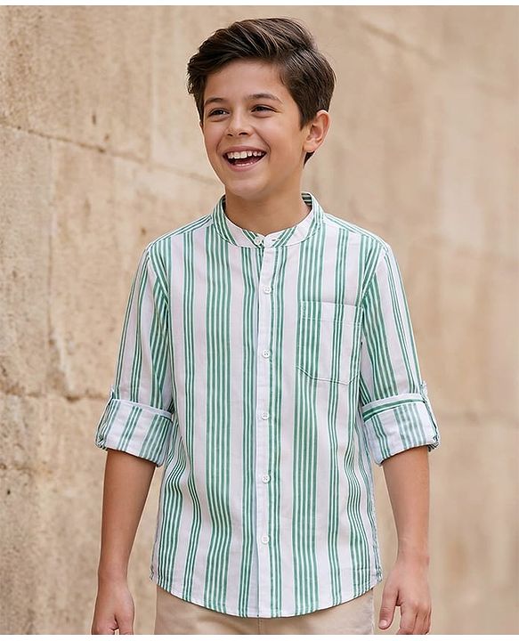 Pine Kids Cotton Woven Full Sleeves Shirt With Stripes - Green