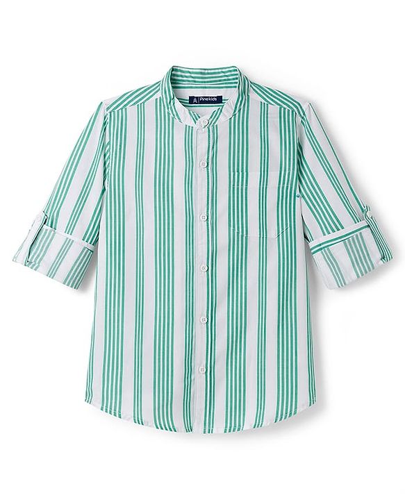 Pine Kids Cotton Woven Full Sleeves Shirt With Stripes - Green