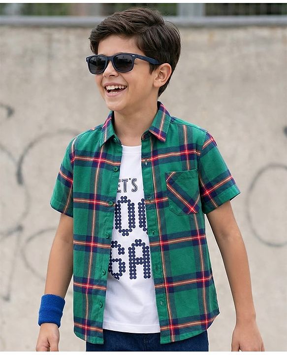 Pine Kids Cotton Woven Half Sleeves Checks Shirt With Text Printed T-Shirt - Green
