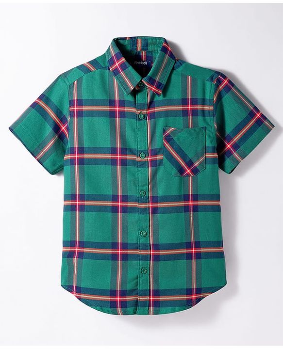 Pine Kids Cotton Woven Half Sleeves Checks Shirt With Text Printed T-Shirt - Green