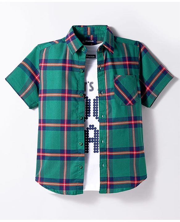 Pine Kids Cotton Woven Half Sleeves Checks Shirt With Text Printed T-Shirt - Green
