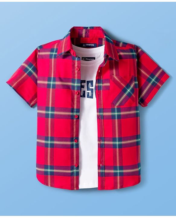 Pine Kids Cotton Woven Half Sleeves Checks Shirt With Text Printed T-Shirt - Red