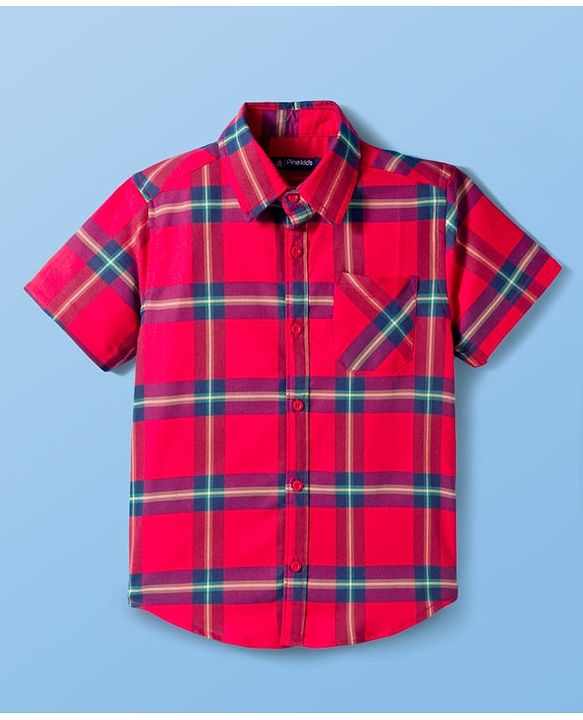 Pine Kids Cotton Woven Half Sleeves Checks Shirt With Text Printed T-Shirt - Red