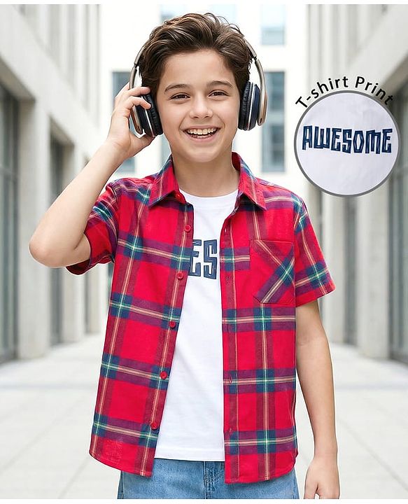 Pine Kids Cotton Woven Half Sleeves Checks Shirt With Text Printed T-Shirt - Red