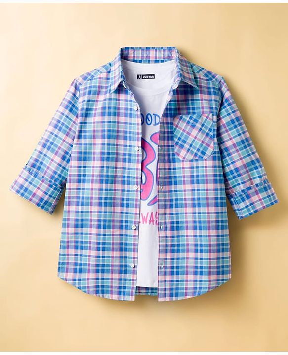 Pine Kids Cotton Woven Half Sleeves Checks Shirt With Printed T-Shirt - Blue