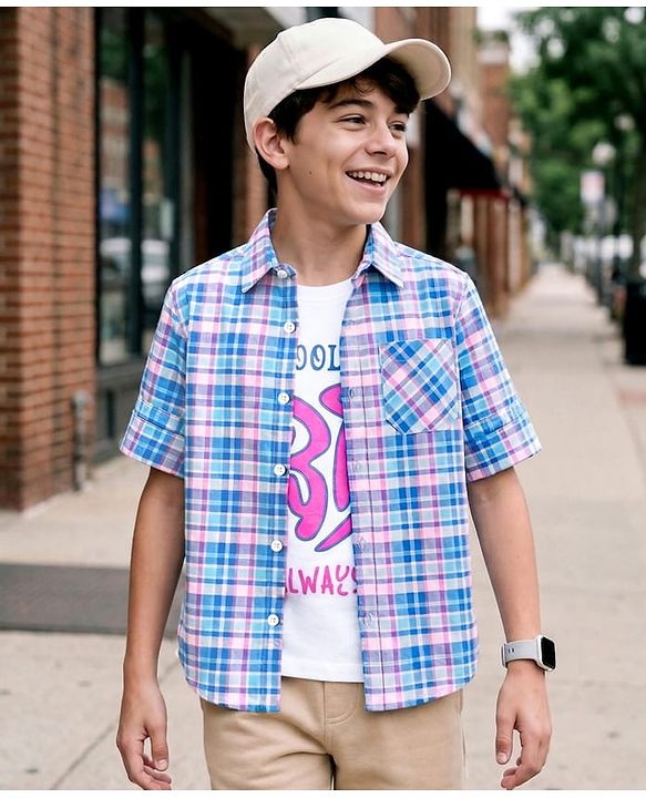 Pine Kids Cotton Woven Half Sleeves Checks Shirt With Printed T-Shirt - Blue