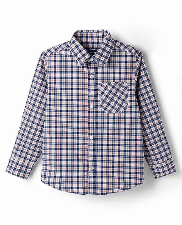 Pine Kids Cotton Woven Full Sleeves Checks Shirt With T-Shirt  - White & Navy