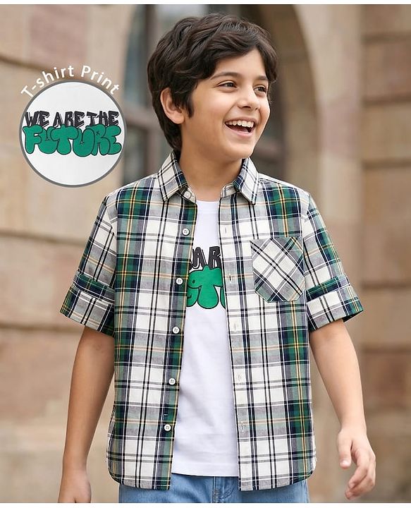 Pine Kids Cotton Woven Full Sleeves Checks Shirt With Printed T-Shirt - Green & White