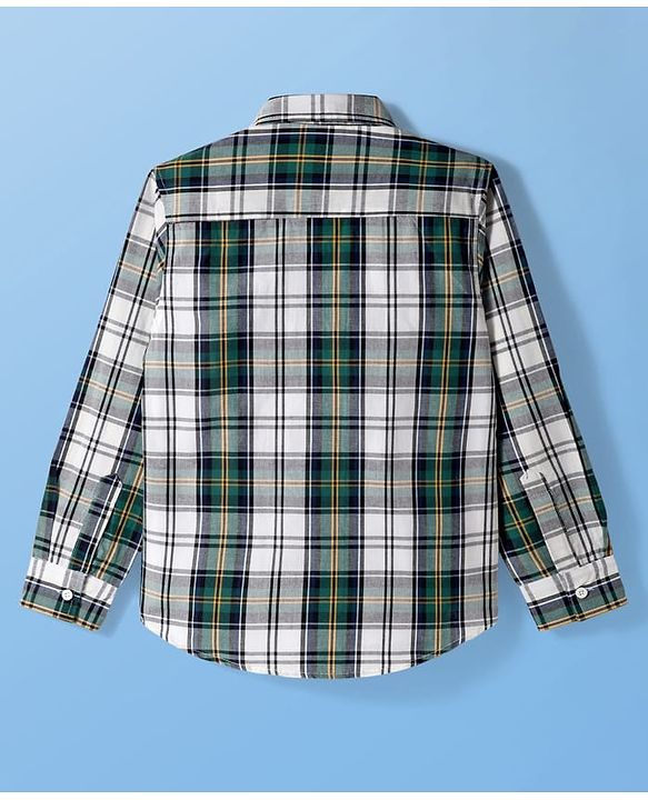 Pine Kids Cotton Woven Full Sleeves Checks Shirt With Printed T-Shirt - Green & White