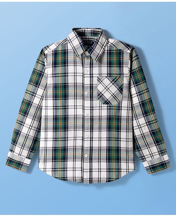 Pine Kids Cotton Woven Full Sleeves Checks Shirt With Printed T-Shirt - Green & White