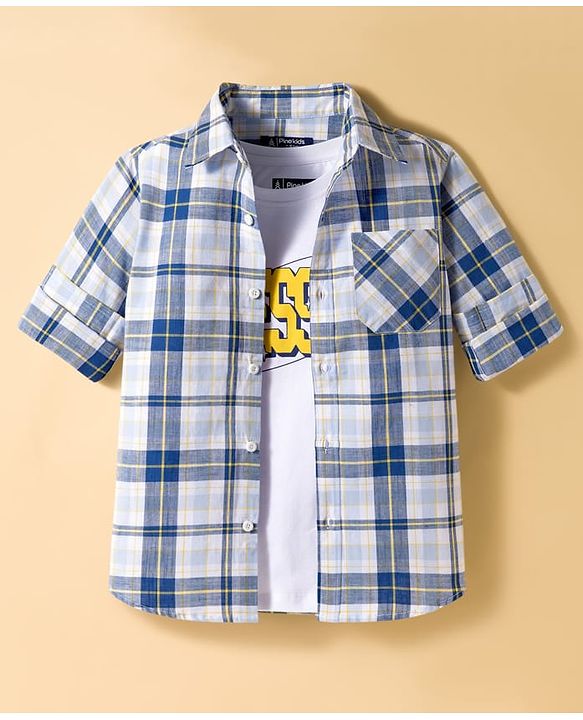 Pine Kids Cotton Woven Full Sleeves Checks Shirt With Printed T-Shirt - Blue & White