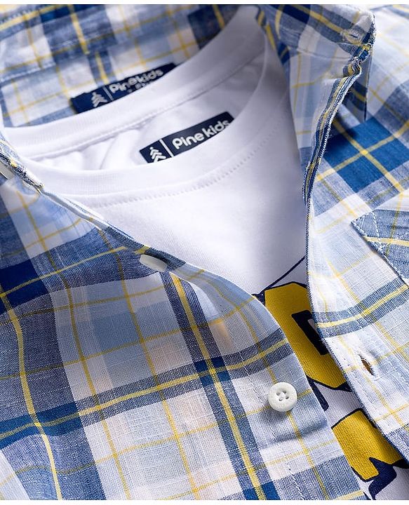 Pine Kids Cotton Woven Full Sleeves Checks Shirt With Printed T-Shirt - Blue & White