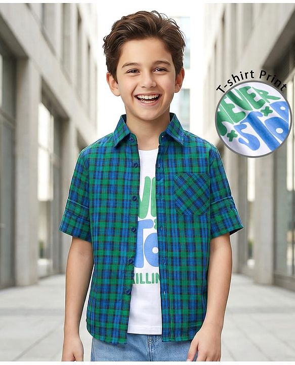 Pine Kids Cotton Woven Full Sleeves Checks Shirt With Printed Shirt - Teal Blue & White