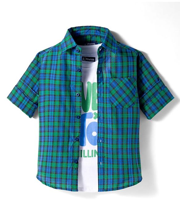 Pine Kids Cotton Woven Full Sleeves Checks Shirt With Printed Shirt - Teal Blue & White