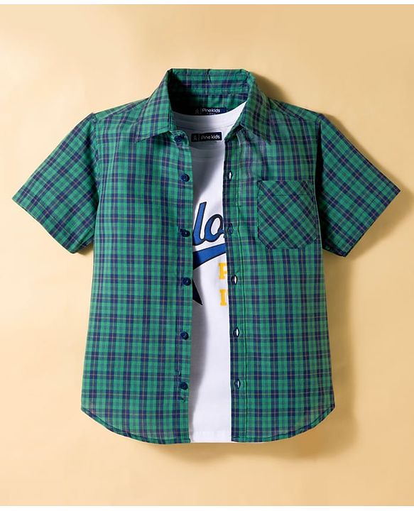 Pine Kids Cotton Woven Half Sleeves Checks Shirt With Printed T-Shirt - Sea Green & White