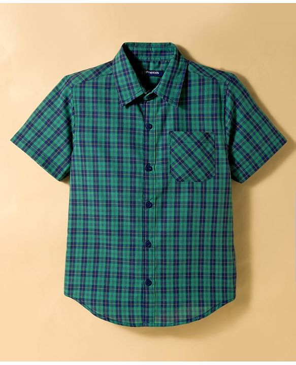 Pine Kids Cotton Woven Half Sleeves Checks Shirt With Printed T-Shirt - Sea Green & White