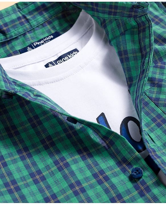 Pine Kids Cotton Woven Half Sleeves Checks Shirt With Printed T-Shirt - Sea Green & White