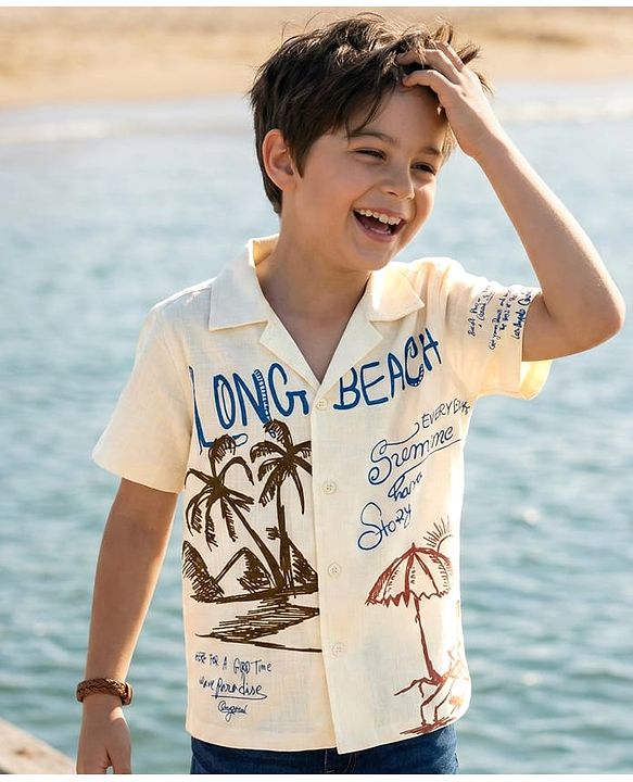 Pine Kids Cotton Knit Half Sleeves Resort Collar Shirt With Beach Theme Print - Off White