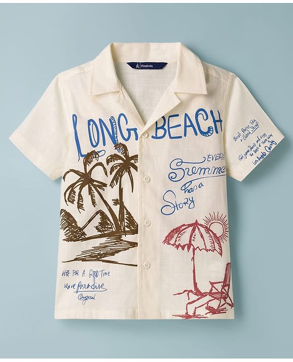 Pine Kids Cotton Knit Half Sleeves Resort Collar Shirt With Beach Theme Print - Off White