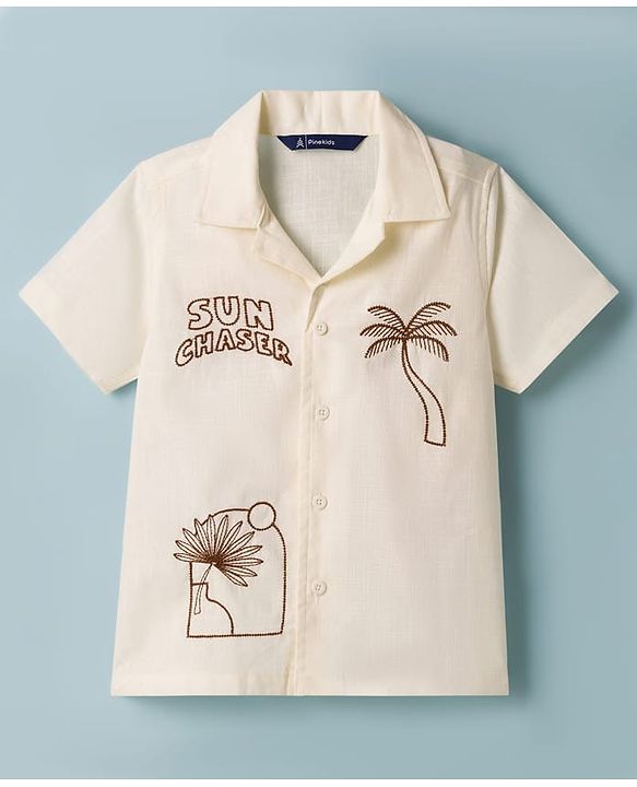 Pine Kids Cotton Knit Half Sleeves Resort Collar Shirt With Tree Print - Off White