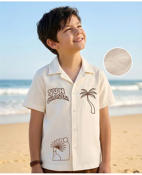 Pine Kids Cotton Knit Half Sleeves Resort Collar Shirt With Tree Print - Off White