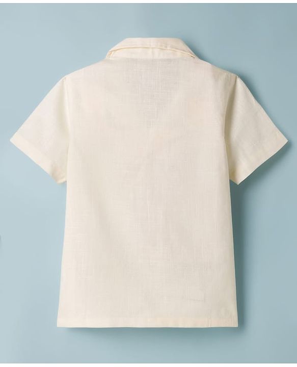 Pine Kids Cotton Knit Half Sleeves Resort Collar Shirt With Tree Print - Off White