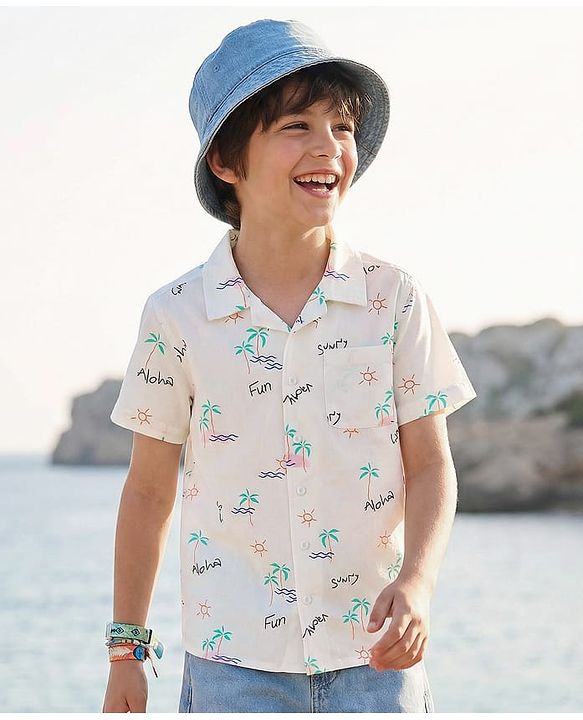 Pine Kids Cotton Woven Half Sleeves Shirt with Sunny Day Print - White