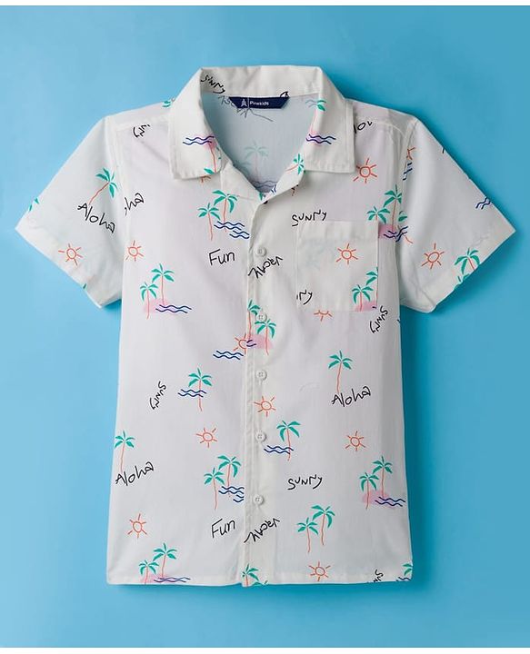 Pine Kids Cotton Woven Half Sleeves Shirt with Sunny Day Print - White