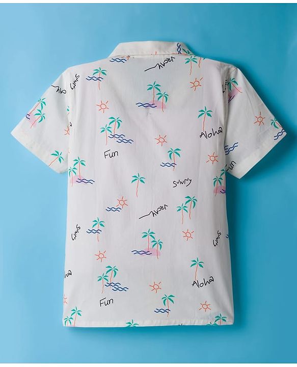 Pine Kids Cotton Woven Half Sleeves Shirt with Sunny Day Print - White