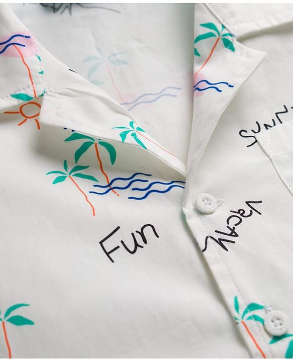 Pine Kids Cotton Woven Half Sleeves Shirt with Sunny Day Print - White