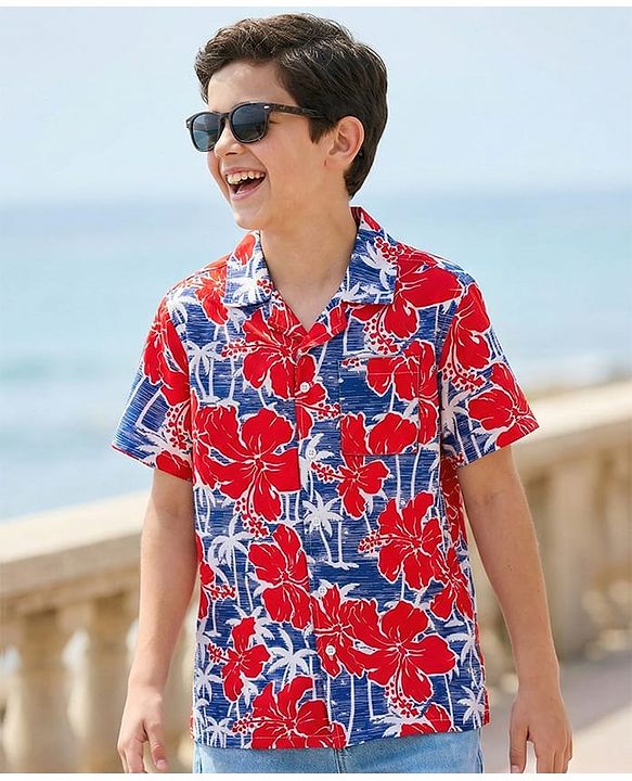 Pine Kids Cotton Woven Half Sleeves Shirt with Floral Print - Red
