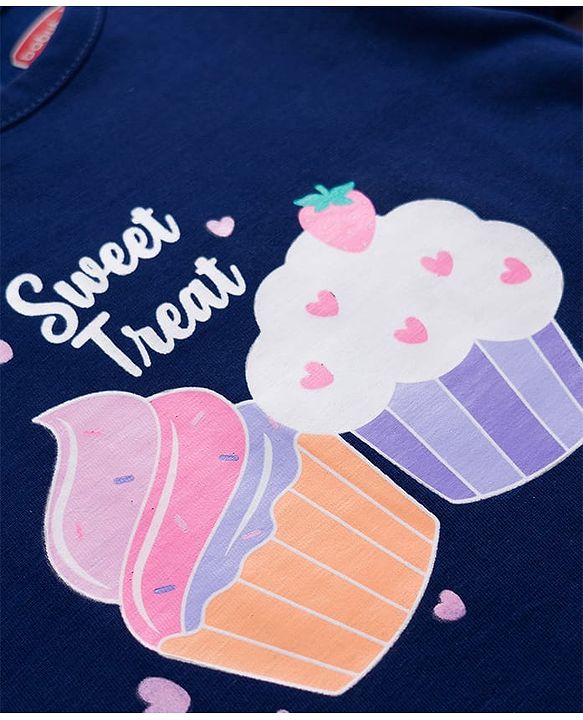 Babyhug Cotton Knit Full Sleeves Nighty With Ice cream Print - Navy Blue