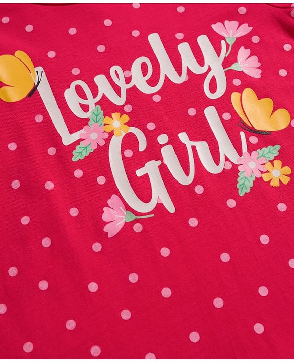 Babyhug Cotton Knit Full Sleeves Nighty with Polka Dot & Text Print - Red
