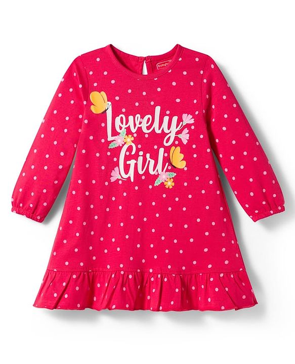 Babyhug Cotton Knit Full Sleeves Nighty with Polka Dot & Text Print - Red
