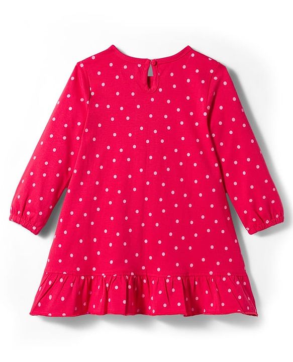 Babyhug Cotton Knit Full Sleeves Nighty with Polka Dot & Text Print - Red