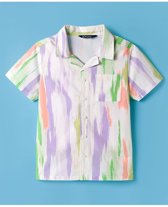 Pine Kids Cotton Woven Half Sleeves Printed Shirt - White