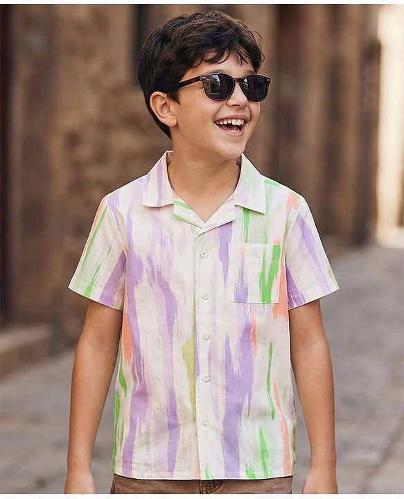 Pine Kids Cotton Woven Half Sleeves Printed Shirt - White