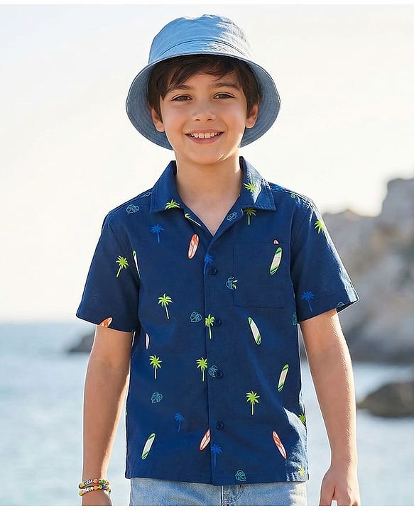 Pine Kids Cotton Woven Half Sleeves Shirt with Tropical Theme Print - Blue