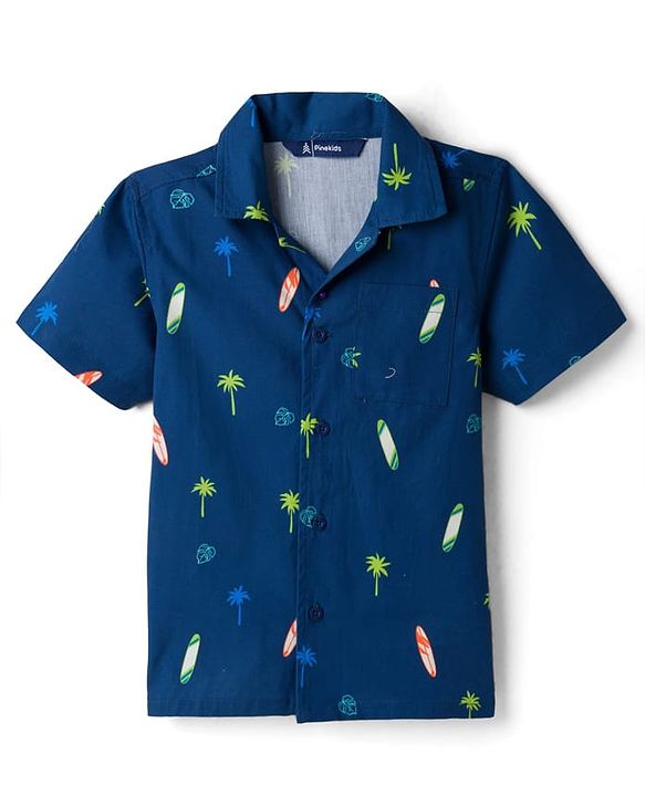 Pine Kids Cotton Woven Half Sleeves Shirt with Tropical Theme Print - Blue