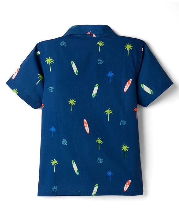 Pine Kids Cotton Woven Half Sleeves Shirt with Tropical Theme Print - Blue