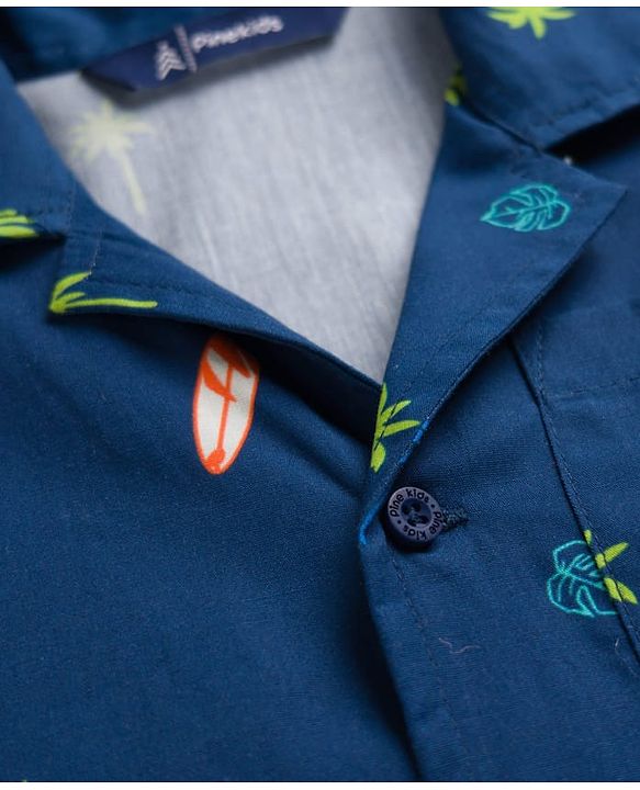 Pine Kids Cotton Woven Half Sleeves Shirt with Tropical Theme Print - Blue