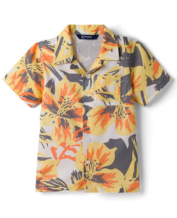 Pine Kids Cotton Woven Half Sleeves Shirt with Floral Print - Beige