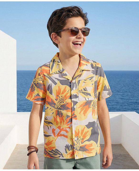 Pine Kids Cotton Woven Half Sleeves Shirt with Floral Print - Beige