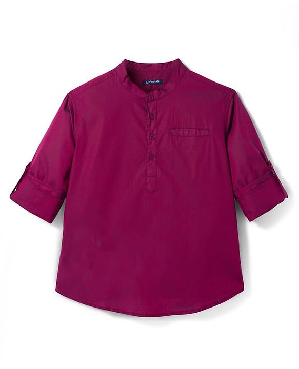 Pine Kids Cotton Woven Full Sleeves Mandarin Collar Solid Colour Shirt - Maroon